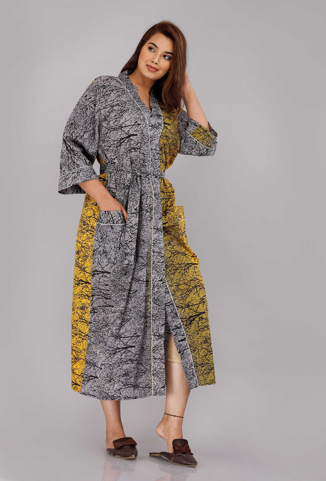 Tree Pattern Kimono Robe Long Bathrobe For Women (Grey)-KM-9