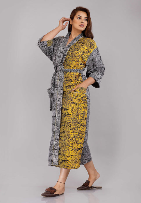 Tree Pattern Kimono Robe Long Bathrobe For Women (Grey)-KM-9