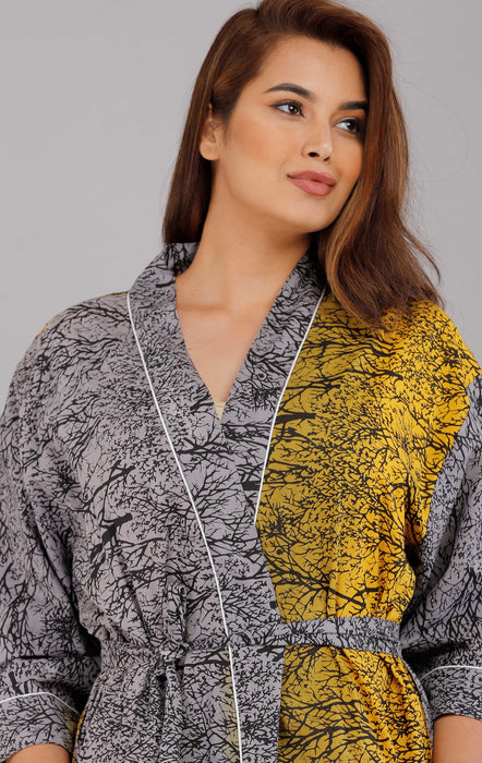 Tree Pattern Kimono Robe Long Bathrobe For Women (Grey)-KM-9