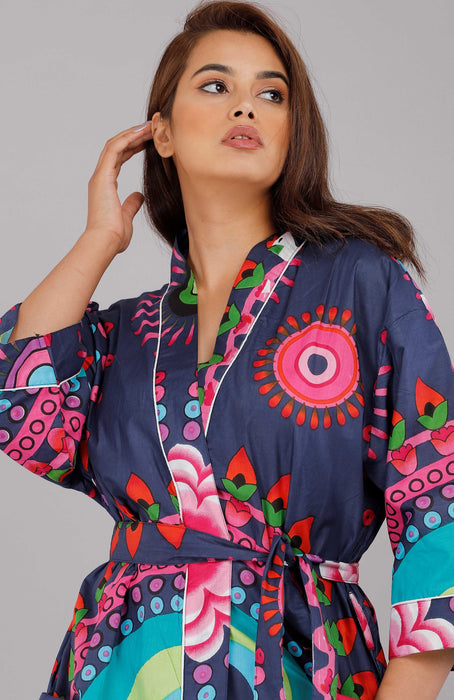 Floral Pattern Kimono Robe Long Bathrobe For Women (Blue)-KM-18