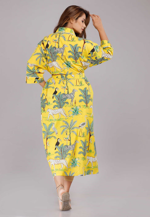 Jungle Pattern Kimono Robe Long Bathrobe For Women (Yellow)-KM-35