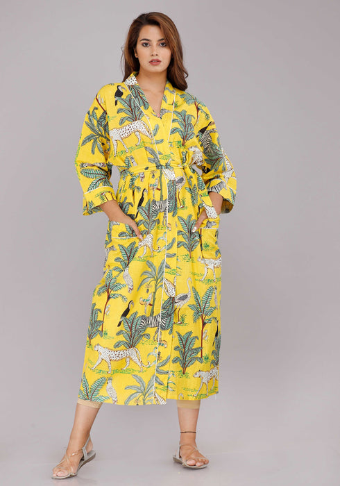 Jungle Pattern Kimono Robe Long Bathrobe For Women (Yellow)-KM-35