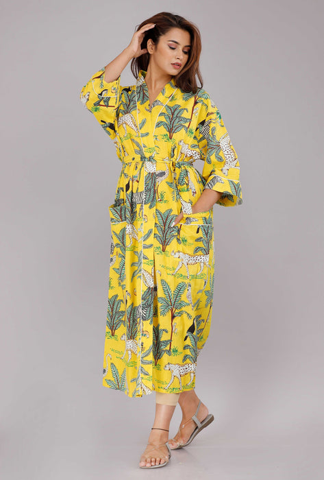 Jungle Pattern Kimono Robe Long Bathrobe For Women (Yellow)-KM-35