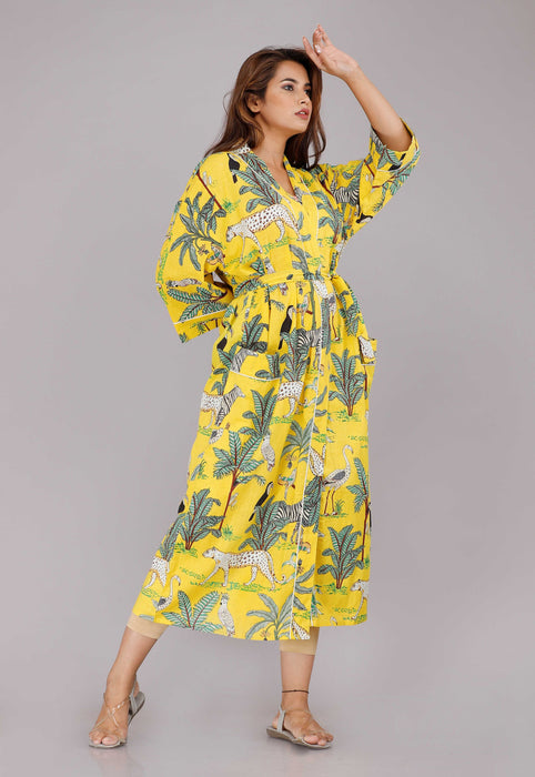 Jungle Pattern Kimono Robe Long Bathrobe For Women (Yellow)-KM-35