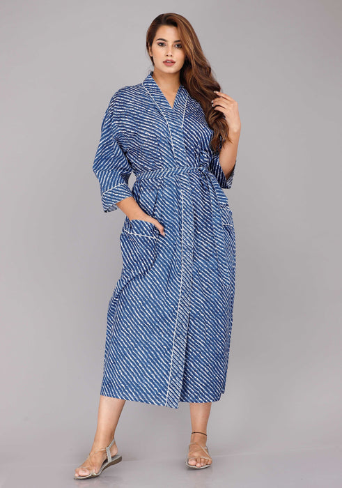 Lehariya Pattern Kimono Robe Long Bathrobe For Women (Blue)-KM-56