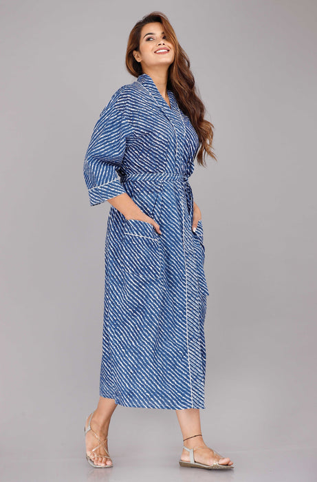 Lehariya Pattern Kimono Robe Long Bathrobe For Women (Blue)-KM-56