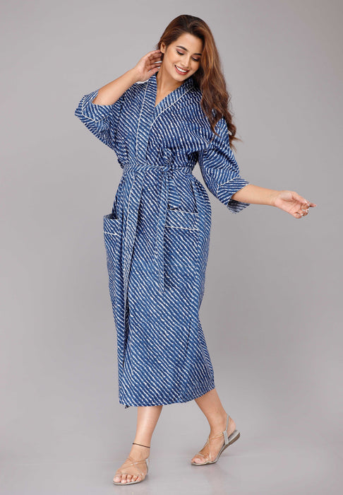 Lehariya Pattern Kimono Robe Long Bathrobe For Women (Blue)-KM-56