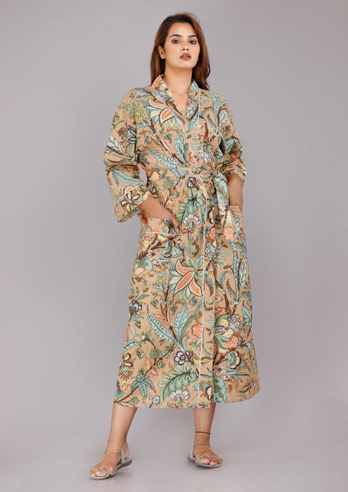 Floral Pattern Kimono Robe Long Bathrobe For Women (Brown)-KM-41