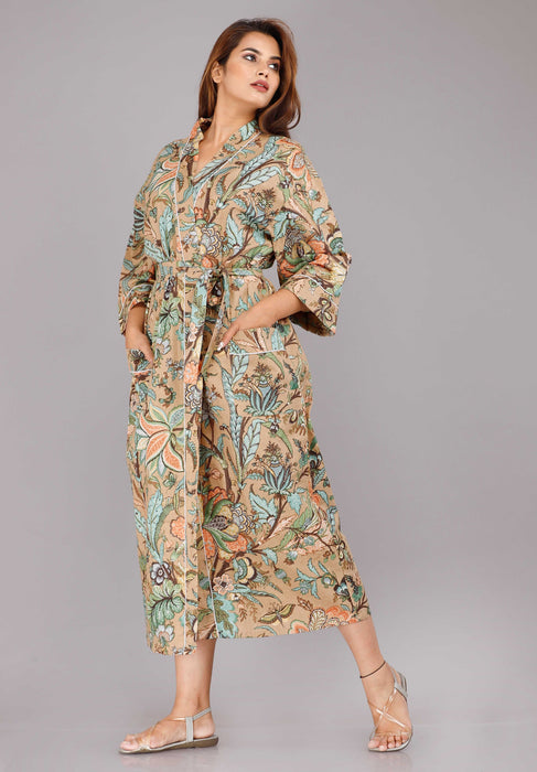 Floral Pattern Kimono Robe Long Bathrobe For Women (Brown)-KM-41