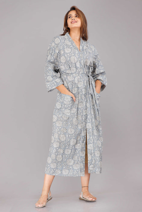 Floral Pattern Kimono Robe Long Bathrobe For Women (Grey)-KM-28