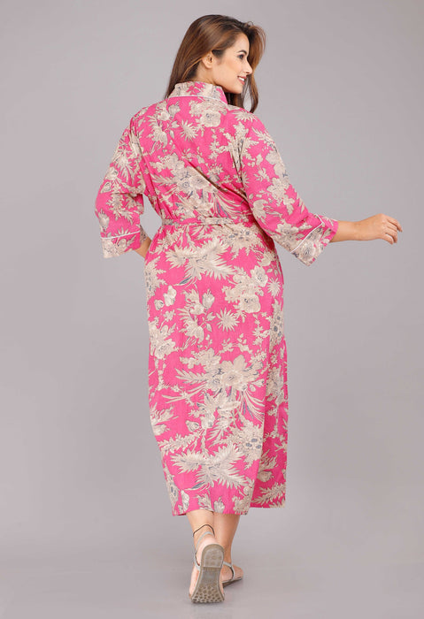 Floral Pattern Kimono Robe Long Bathrobe For Women (Pink)-KM-40