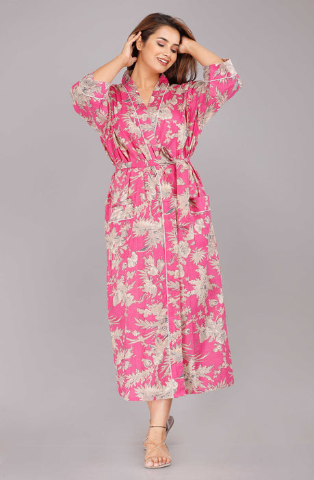 Floral Pattern Kimono Robe Long Bathrobe For Women (Pink)-KM-40