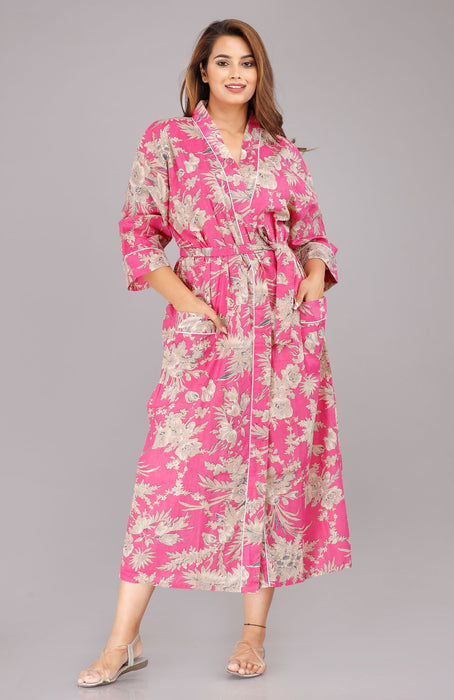 Floral Pattern Kimono Robe Long Bathrobe For Women (Pink)-KM-40