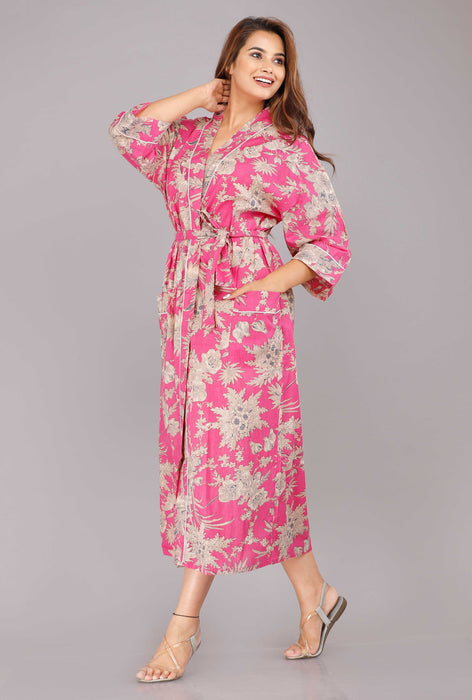 Floral Pattern Kimono Robe Long Bathrobe For Women (Pink)-KM-40