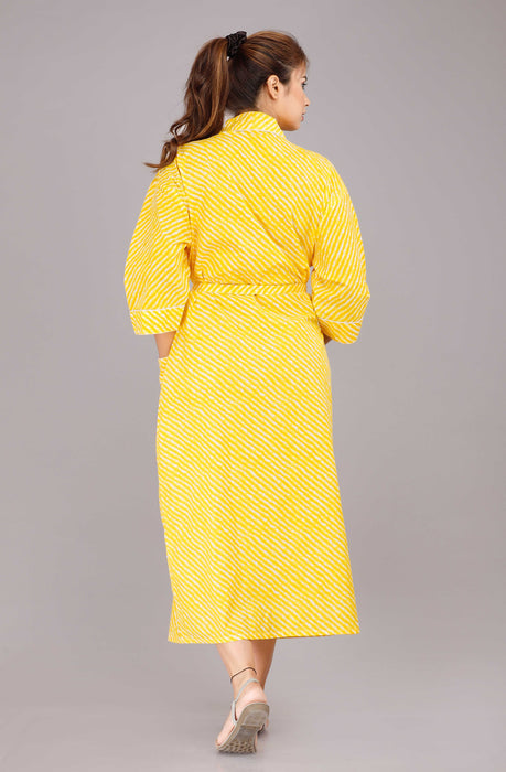 Lehariya Pattern Kimono Robe Long Bathrobe For Women (Yellow)-KM-29