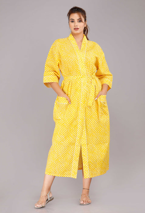 Lehariya Pattern Kimono Robe Long Bathrobe For Women (Yellow)-KM-29