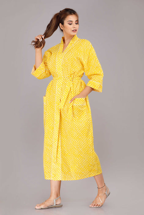 Lehariya Pattern Kimono Robe Long Bathrobe For Women (Yellow)-KM-29