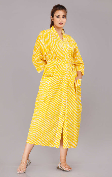 Lehariya Pattern Kimono Robe Long Bathrobe For Women (Yellow)-KM-29