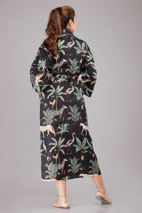 Jungle Pattern Kimono Robe Long Bathrobe For Women (Black)-KM-52