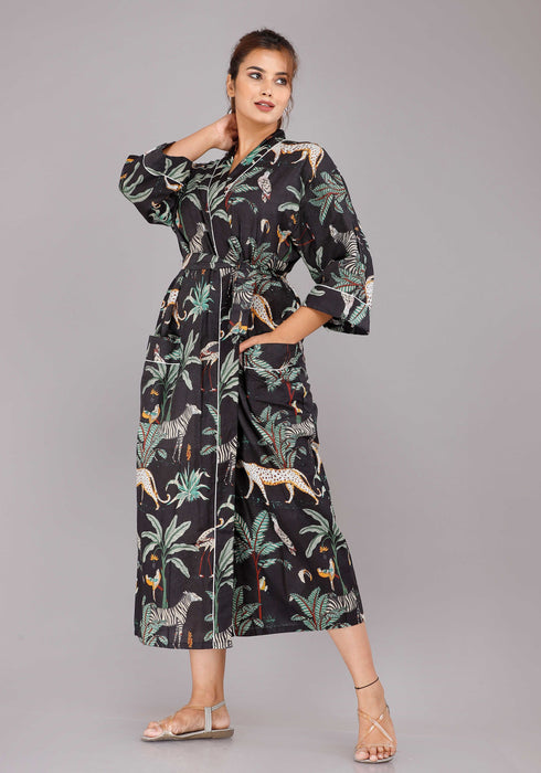 Jungle Pattern Kimono Robe Long Bathrobe For Women (Black)-KM-52