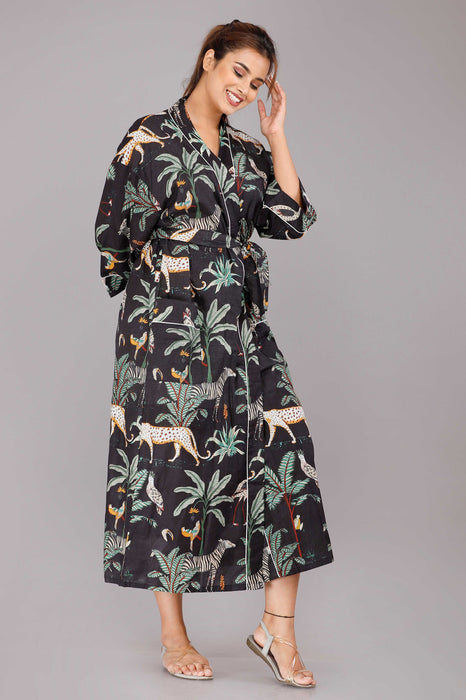 Jungle Pattern Kimono Robe Long Bathrobe For Women (Black)-KM-52