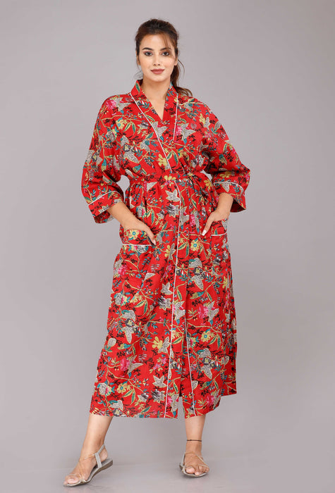 Floral Pattern Kimono Robe Long Bathrobe For Women (Red)-KM-32