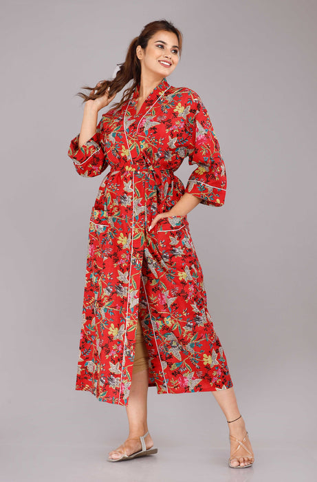 Floral Pattern Kimono Robe Long Bathrobe For Women (Red)-KM-32