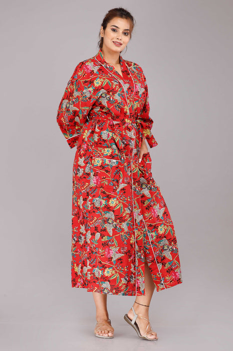 Floral Pattern Kimono Robe Long Bathrobe For Women (Red)-KM-32