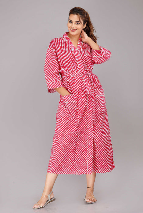 Lehariya Pattern Kimono Robe Long Bathrobe For Women (Pink)-KM-31