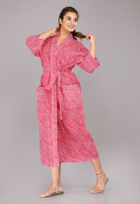 Lehariya Pattern Kimono Robe Long Bathrobe For Women (Pink)-KM-31