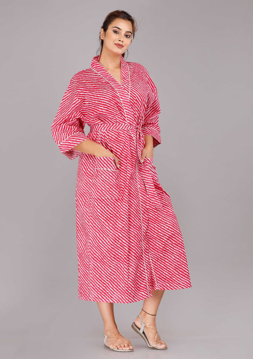 Lehariya Pattern Kimono Robe Long Bathrobe For Women (Pink)-KM-31