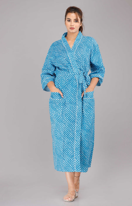 Lehariya Pattern Kimono Robe Long Bathrobe For Women (Aqua)-KM-62