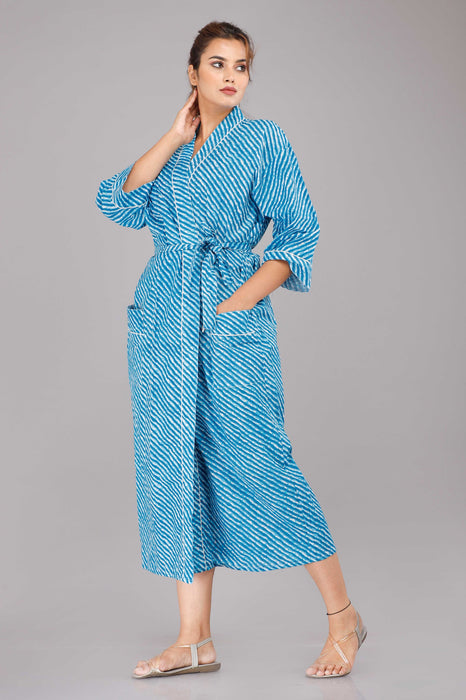 Lehariya Pattern Kimono Robe Long Bathrobe For Women (Aqua)-KM-62