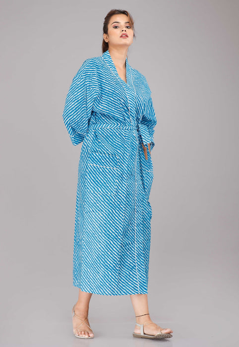 Lehariya Pattern Kimono Robe Long Bathrobe For Women (Aqua)-KM-62