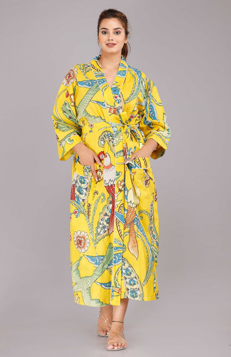 Jungle Pattern Kimono Robe Long Bathrobe For Women (Yellow)-KM-57