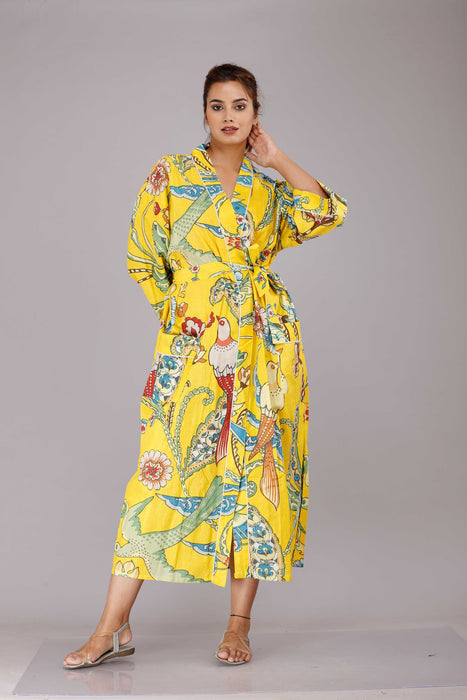 Jungle Pattern Kimono Robe Long Bathrobe For Women (Yellow)-KM-57