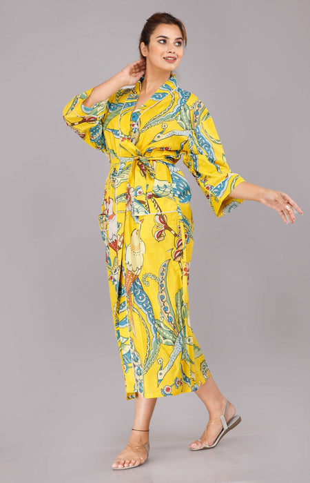 Jungle Pattern Kimono Robe Long Bathrobe For Women (Yellow)-KM-57