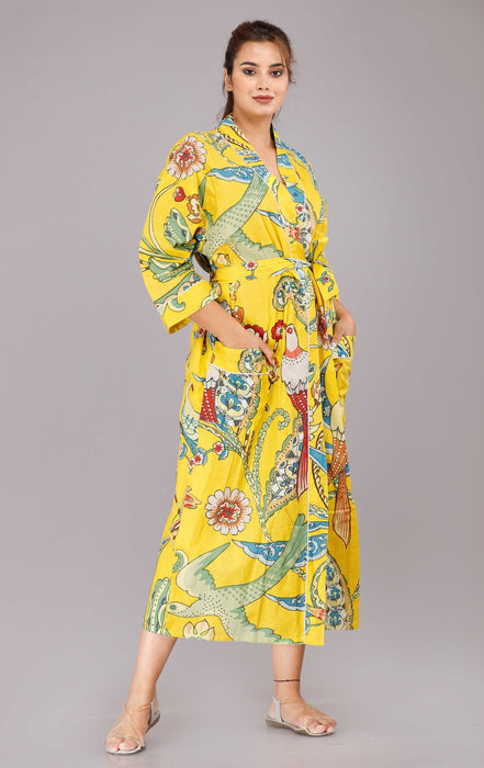 Jungle Pattern Kimono Robe Long Bathrobe For Women (Yellow)-KM-57