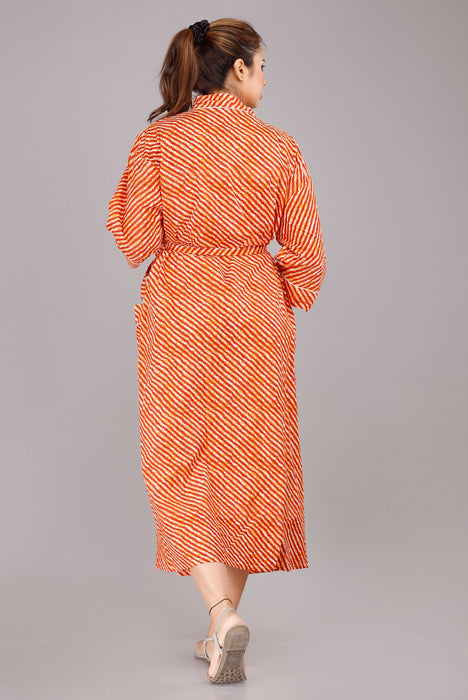 Lehariya Pattern Kimono Robe Long Bathrobe For Women (Orange)-KM-63