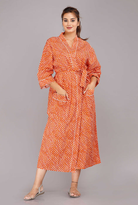 Lehariya Pattern Kimono Robe Long Bathrobe For Women (Orange)-KM-63