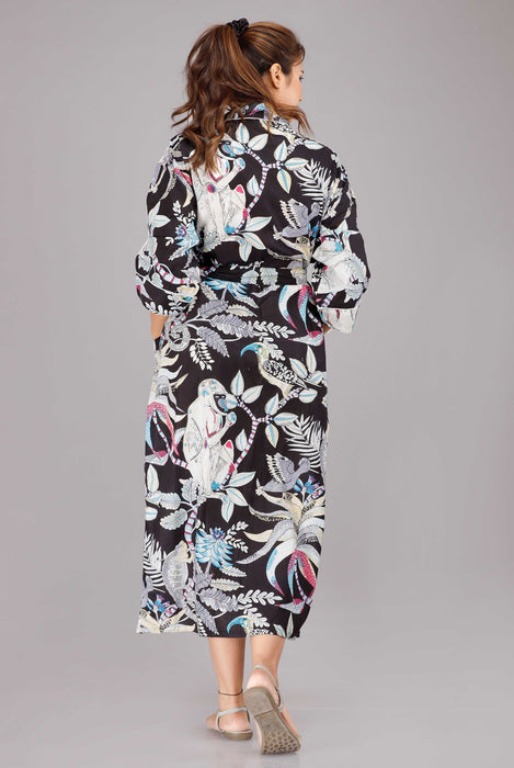 Jungle Pattern Kimono Robe Long Bathrobe For Women (Black)-KM-33