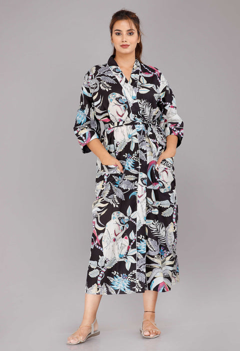 Jungle Pattern Kimono Robe Long Bathrobe For Women (Black)-KM-33