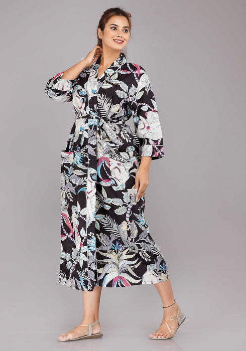 Jungle Pattern Kimono Robe Long Bathrobe For Women (Black)-KM-33