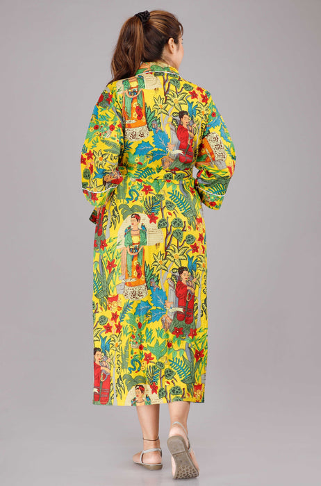 Floral Pattern Kimono Robe Long Bathrobe For Women (Yellow)-KM-37