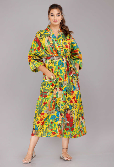 Floral Pattern Kimono Robe Long Bathrobe For Women (Yellow)-KM-37