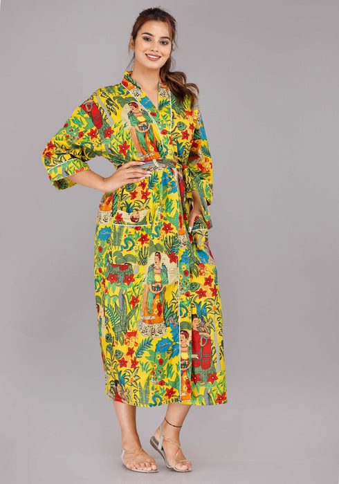 Floral Pattern Kimono Robe Long Bathrobe For Women (Yellow)-KM-37