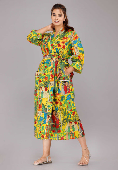 Floral Pattern Kimono Robe Long Bathrobe For Women (Yellow)-KM-37