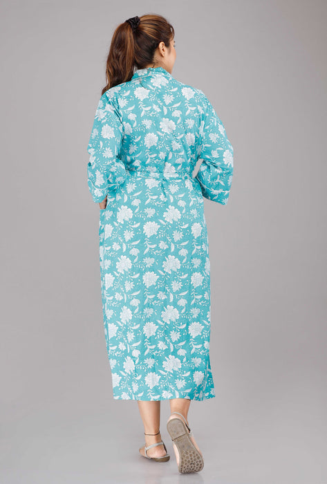 Floral Pattern Kimono Robe Long Bathrobe For Women (Aqua)-KM-26