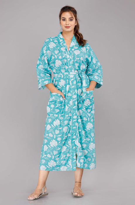 Floral Pattern Kimono Robe Long Bathrobe For Women (Aqua)-KM-26