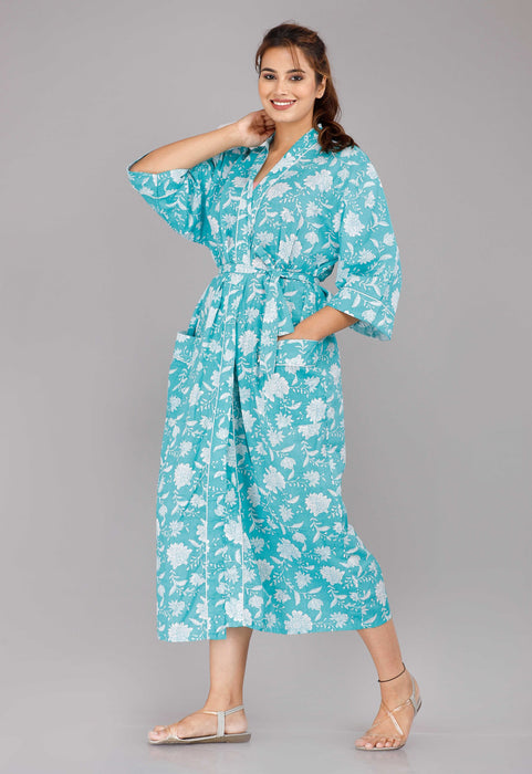 Floral Pattern Kimono Robe Long Bathrobe For Women (Aqua)-KM-26